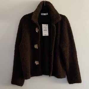 NEW Zara Women's Dark Brown Teddy sweater with flower snaps